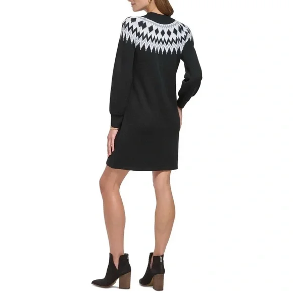 NWT MACY’S Women’s Black Fair Isle Sweater Dress Bishop Sleeves Preppy SZ XL - Picture 2 of 2